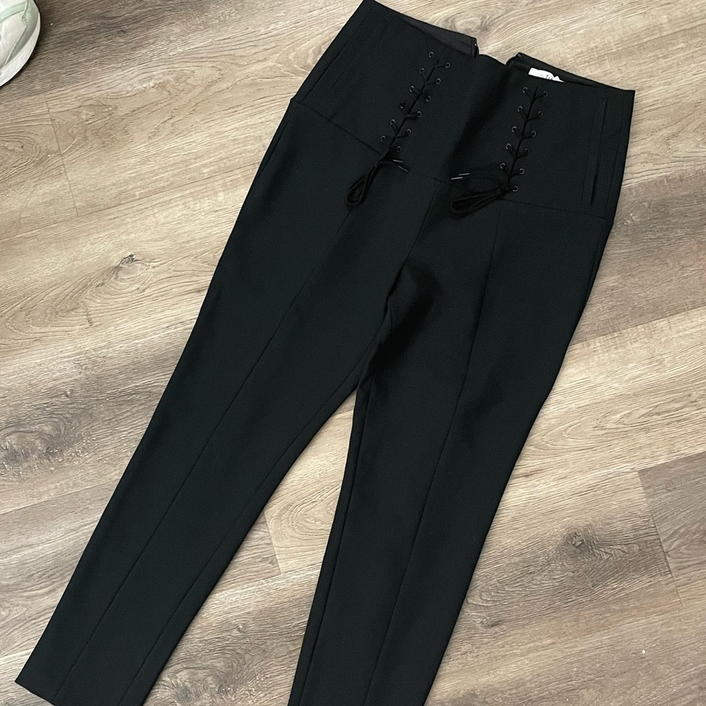 TIBI Anson Corset Tie Pant Black Size 8 High Waisted Trousers Lace Up - Picture 8 of 13